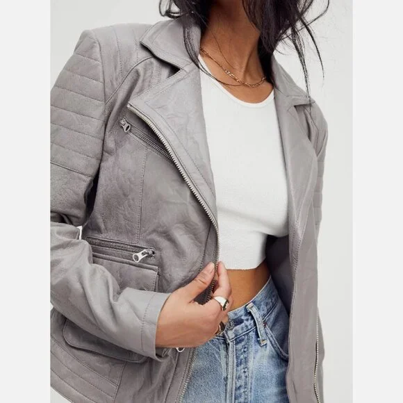 New Free People I'll Be Around Leather Moto Jacket Size Large MSRP: $428